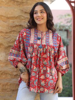 Jaipur Morni - Red Hand Block Printed Boho Volume Sleeves Top