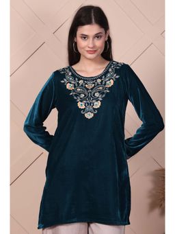 Aurelia - Womens Teal Embroidered Velvet Straight Kurti
