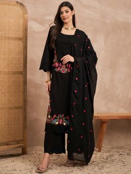 CHETI - Women Pure Cotton Cutwork Kurta With Pant & Dupatta Black