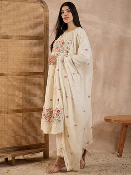 CHETI - Women Cotton Dobby Texture Kurta With Pant & Dupatta White