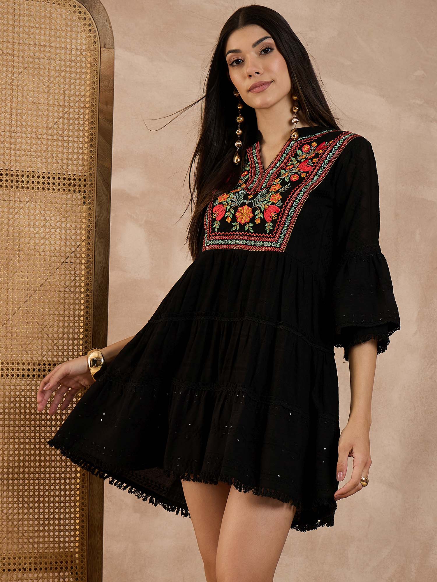 Women Woven Cotton Dobby Dress Black-image-3