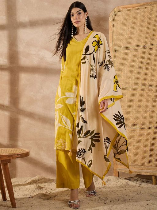CHETI Women Pure Cotton Printed Kurta With Pant & Dupatta Yellow
