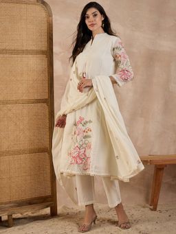 CHETI - Women Cotton Voile A Line Kurta With Pant & Dupatta White