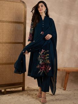 CHETI - Women Cotton Voile A Line Kurta With Pant & Dupatta Blue