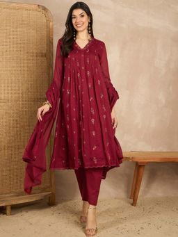 CHETI - Women Cotton Voile A Line Kurta With Pant & Dupatta Red