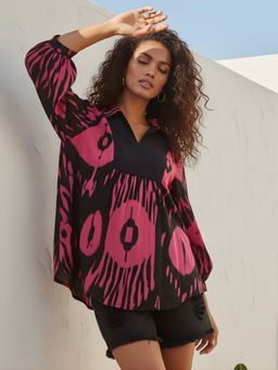 Dora Dori - Abstract Print Shirt Collar High-Low Top