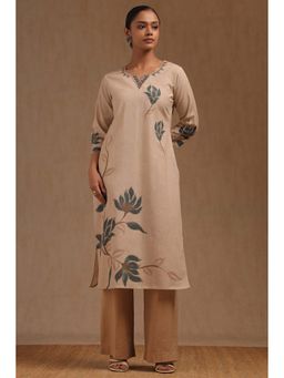 Soch - Womens Beige Cotton Flex Floral Print Kurta with Mirror Work