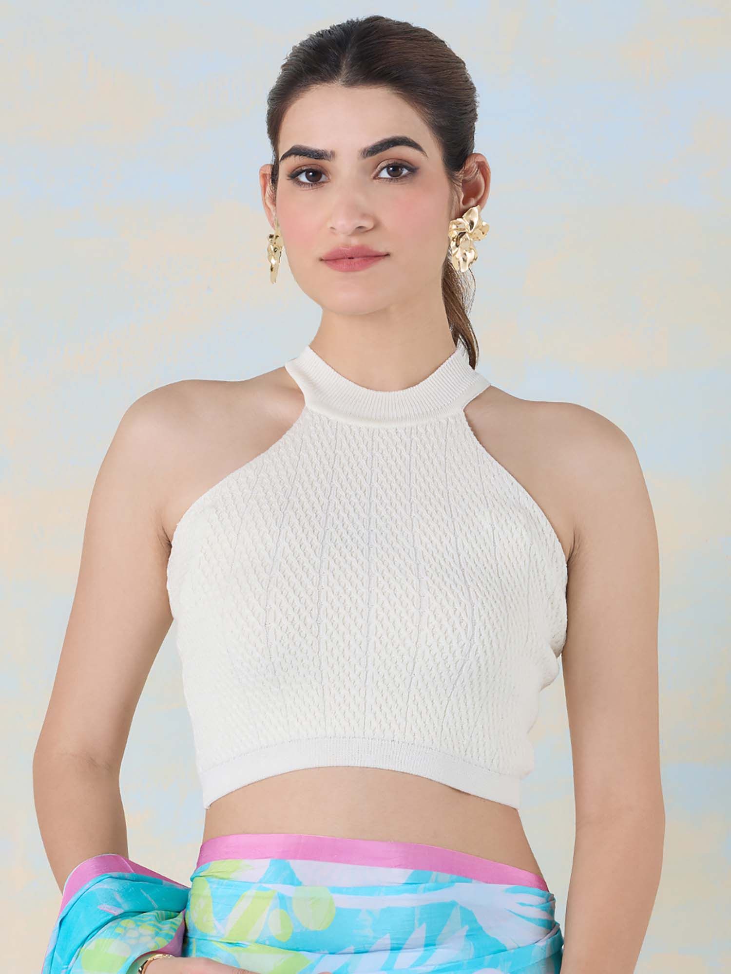 White Knitted -Off-White Solid Crop Top-picture-42