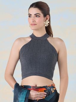 Navyasa By Liva - Black Knitted -Jet Black Solid Crop Top