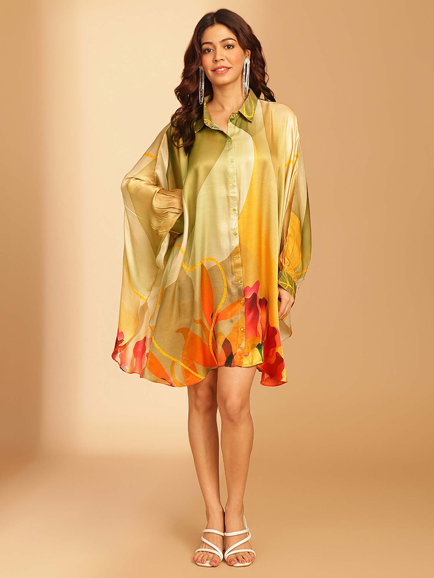 Yellow Liva Satin Floral Print Printed Kaftan Dress-image-35
