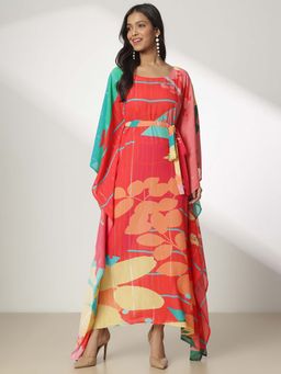 Navyasa By Liva - Red Liva Crinkle Lurex Geometric Printed Kaftan