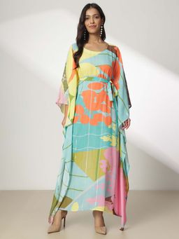 Navyasa By Liva - Sky Blue Liva Crinkle Lurex Geometric Printed Kaftan