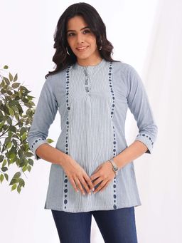 Kami Kubi - Woven Cotton Top With Mix Of Stripes And Cotton Checks Highlighted With Block Print