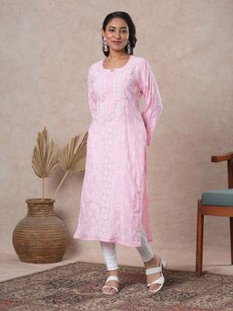 ADA - Hand Embroidered Pink Cotton Lucknowi Chikankari Kurta