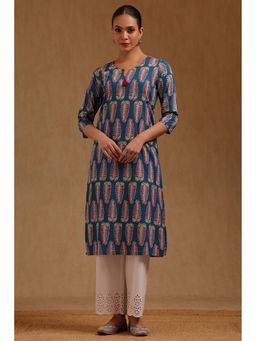 Soch - Womens Blue Cotton Botanical Print Kurta