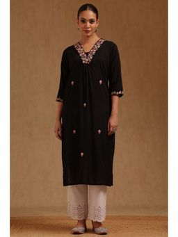 Soch - Womens Black Cotton Dobby Embroidered Kurta with Thread Work