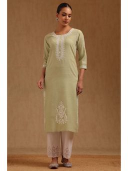 Soch - Womens Sap Green Rayon Slub Embroidered Kurta with Thread Work
