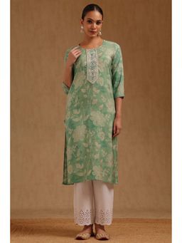Soch - Womens Light Green Muslin Botanical Print Kurta with Thread Work