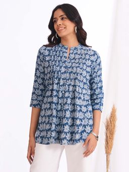 Kami Kubi - Womens Blue Floral Cotton Dabu Printed Pintuck Top
