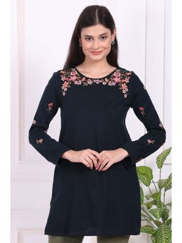 W - For Women Navy Blue Floral Embroidered Acrylic Straight Kurti