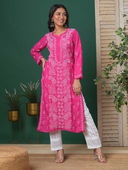ADA - Hand Embroidered Pink Cotton Lucknowi Chikankari Kurta