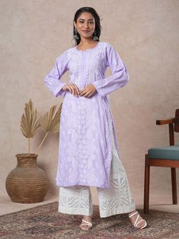 ADA - Hand Embroidered Purple Cotton Lucknowi Chikankari Kurta