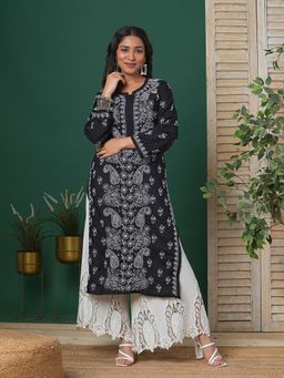 ADA - Hand Embroidered Black Cotton Lucknowi Chikankari Kurta