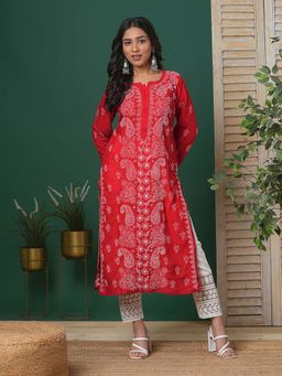 ADA - Hand Embroidered Red Cotton Lucknowi Chikankari Kurta