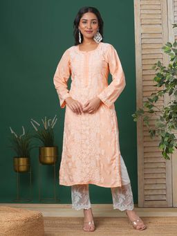 ADA - Hand Embroidered Peach Cotton Lucknowi Chikankari Kurta