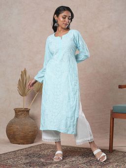 ADA - Hand Embroidered Sky Blue Cotton Lucknowi Chikankari Kurta