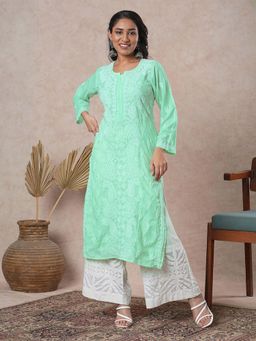 ADA - Hand Embroidered Liril Green Cotton Lucknowi Chikankari Kurta