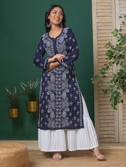 ADA - Hand Embroidered Navy Blue Cotton Lucknowi Chikankari Kurta