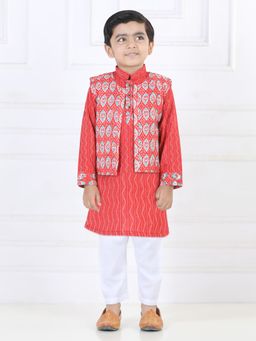 Kinder Kids - Red Kurta with Printed Katha Jacket Paired with Pajama (Set of 3)