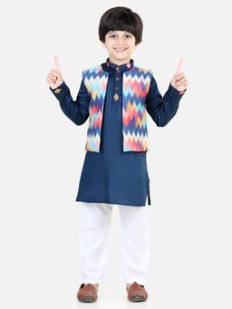 Kinder Kids - Blue Kurta with Multicolor Jacquard Jacket Paired with Pajama (Set of 3)