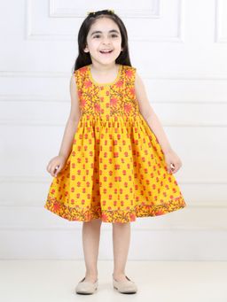 Kinder Kids - Yellow Floral Printed Sleeveless Dress