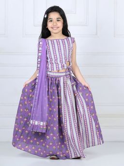 Kinder Kids - Purple Stripped Side Tied Top with Floral Lehenga and Dupatta (Set of 3)