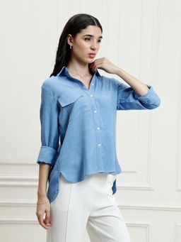 AAREIN - Blue Solid Linen Stitchline Shirt