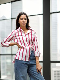 AAREIN - Pink and White Vertical Striped Cotton Shirt
