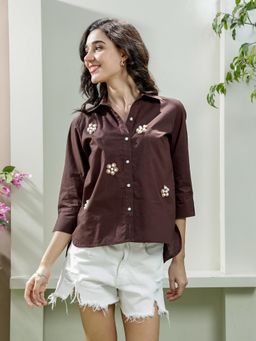 AAREIN - Brown Pure Cotton Embellished Shirt