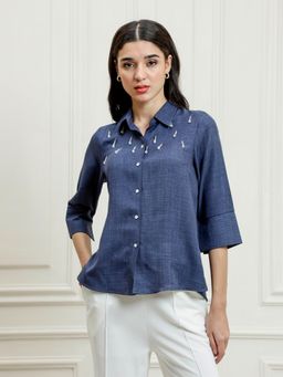 AAREIN - Blue Linen Embellished Shirt