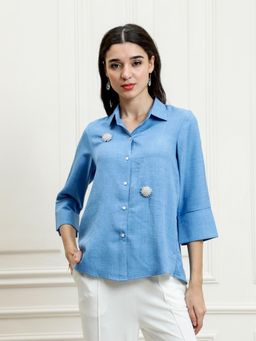 AAREIN - Blue Linen Embellished Shirt