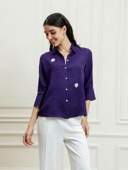 AAREIN - Purple Linen Embellished Shirt