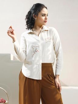 AAREIN - Off White Cat Embroidered Shirt