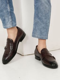 Teakwood - Mens Brown Leather Casual Textured Monk Straps