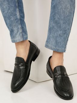 Teakwood - Mens Black Texture Leather Casual Loafers