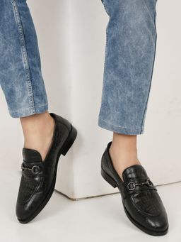 Teakwood - Mens Black Texture Leather Casual Loafers