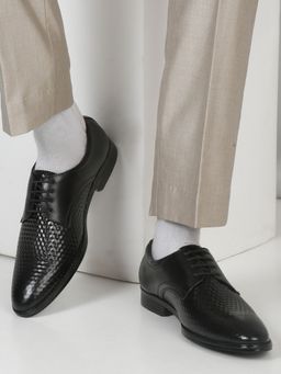 Teakwood - Mens Black Patterned Texture Leather Formal Derbies