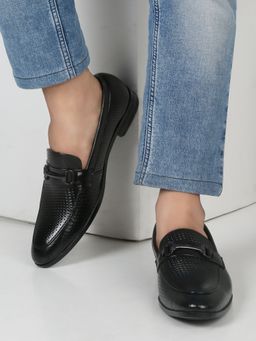 Teakwood - Mens Black Classy Patterned Texture Leather Casual Loafers