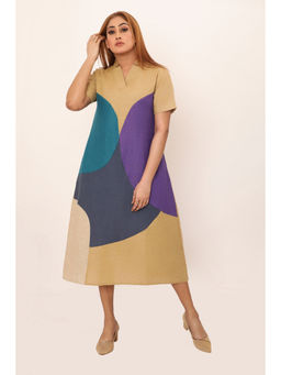 dhaaga - Ivy Beige Colorblock Midi Dress