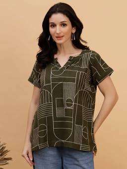 Maaesa - Women Olive Green Printed Cotton Slub Round Neck Short Sleeves Casual Top